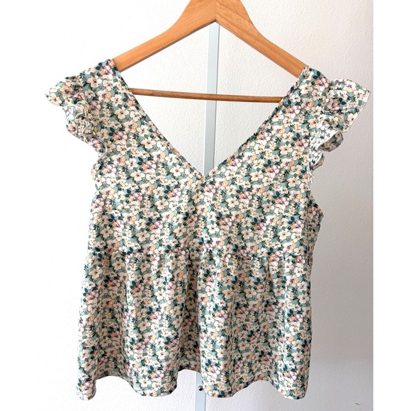 Sage Floral Babydoll Peplum Top Cottagecore Coquette Romantic Lace V Back Small - Picture 11 of 14